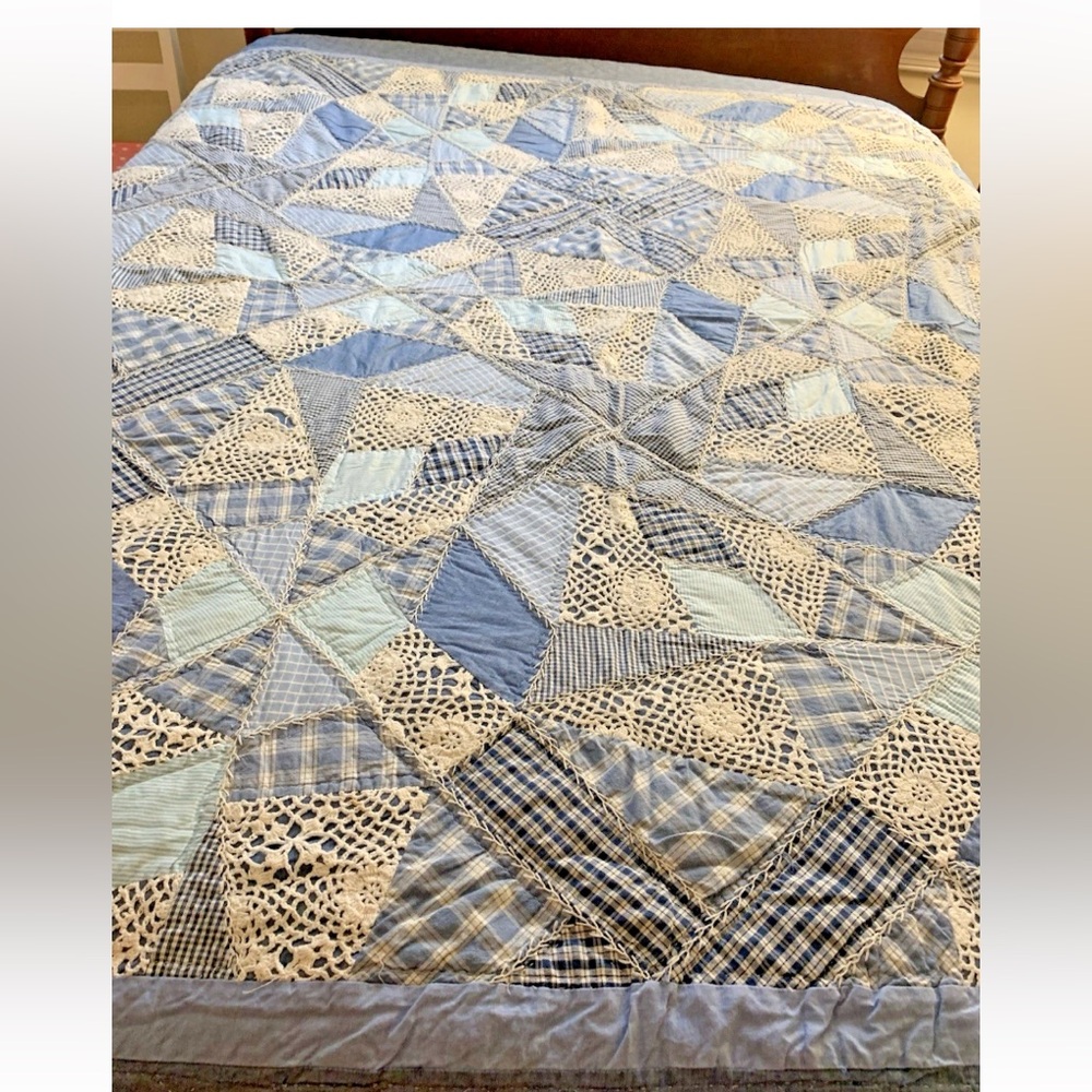 Vintage American Pacific Chambray Crazy Quilt 82" X 83"